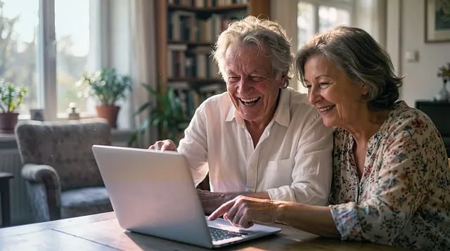 Couple de seniors heureux devant un ordinateur en consultant leur assurance de prêt